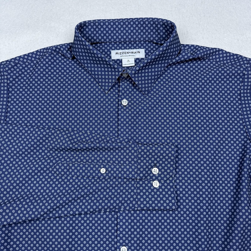 Mizzen+Main Shirt Mens XL Blue Geometric Trim Fit Performance Stretch Dress